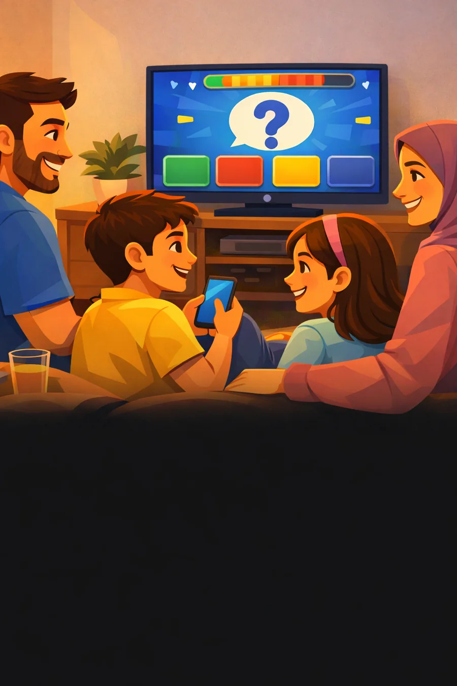 عائلة تلعب مسابقات باستخدام الهواتف والتلفاز